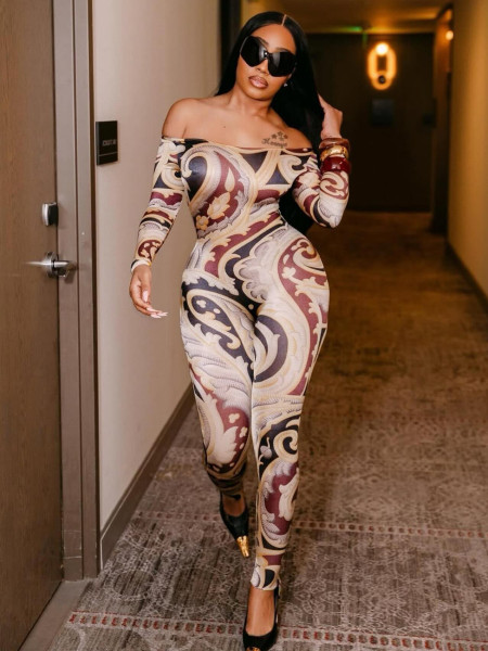 Printed one shoulder tight fitting hip lifting printed jumpsuit pants