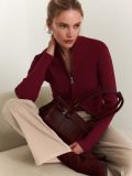 Stand up collar high waisted long sleeved knitted sweater with zipper top