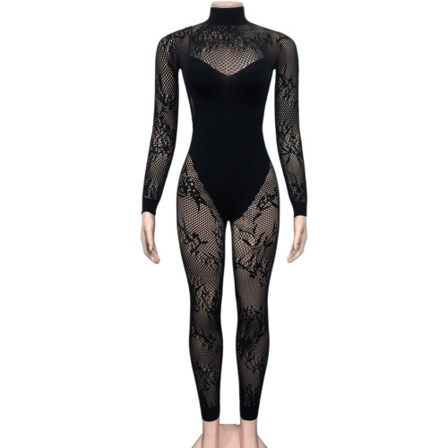 High needle lace hollow black jumpsuit