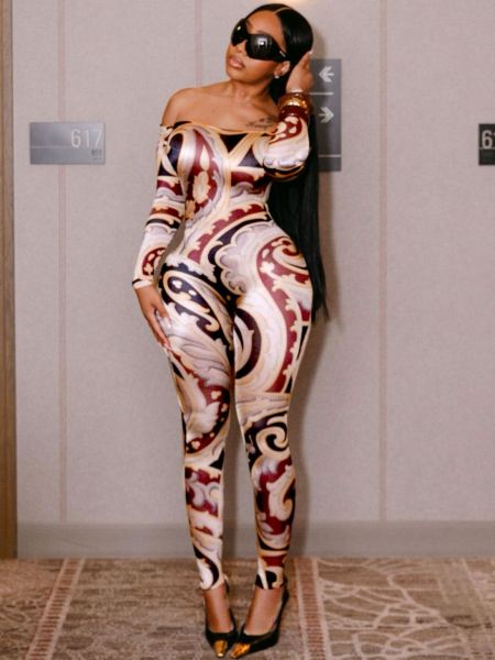 Printed one shoulder tight fitting hip lifting printed jumpsuit pants