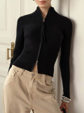 Stand up collar high waisted long sleeved knitted sweater with zipper top