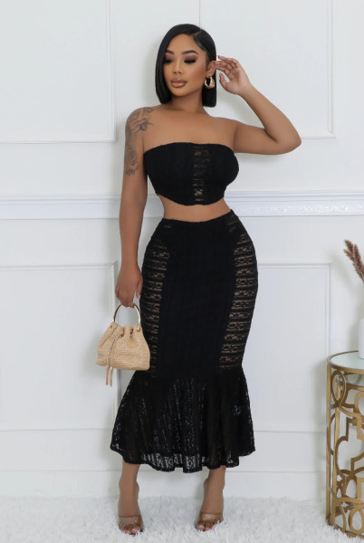 Skirt set with strapless, high waist, exposed navel, wrapped buttocks, fish tail