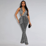Leopard print neck bag arm jumpsuit