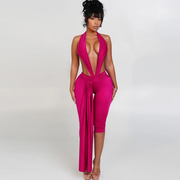 Sleeveless hanging neck backless tight jumpsuit