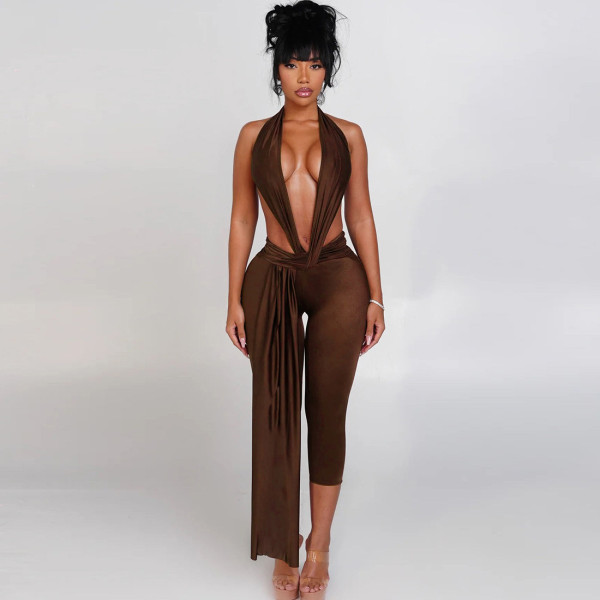 Sleeveless hanging neck backless tight jumpsuit