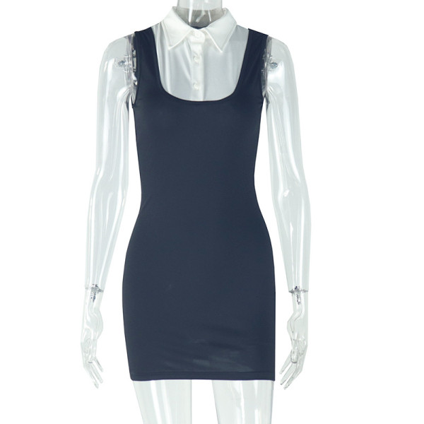Fake two solid color hip hugging skirts sleeveless round neck short dresses