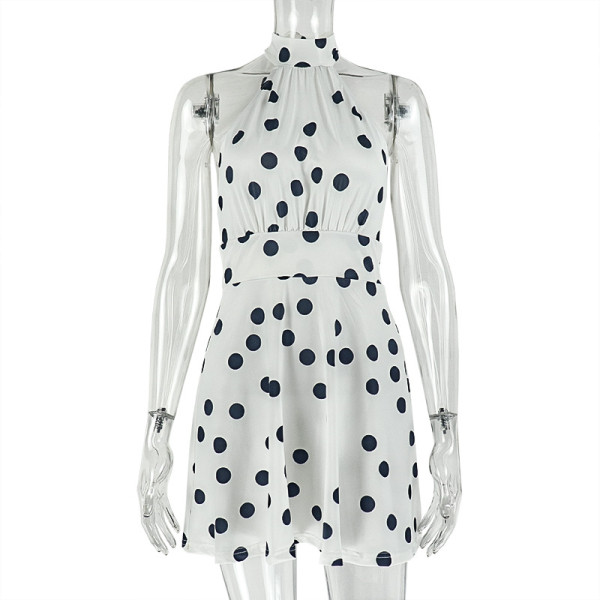 Waist waist pleated polka dot A-line skirt printed hanging neck short dress