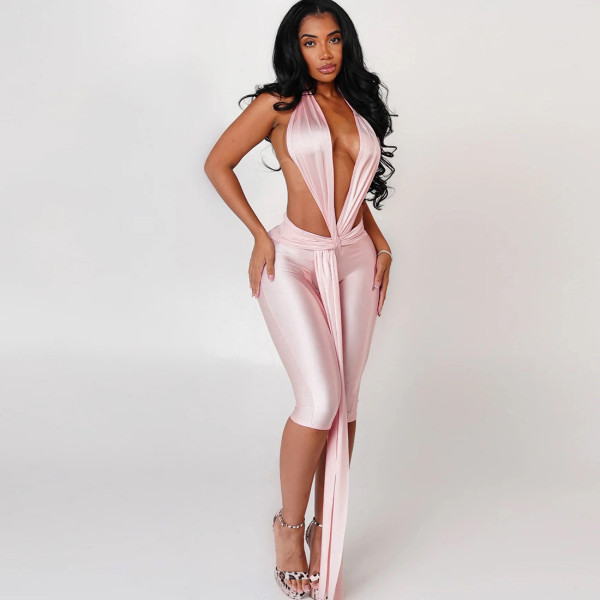Sleeveless hanging neck backless tight jumpsuit