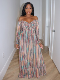 One shoulder pleated striped pleated dress