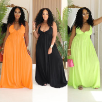 Drawstring lace V-neck solid color suspender loose dress