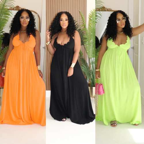 Drawstring lace V-neck solid color suspender loose dress