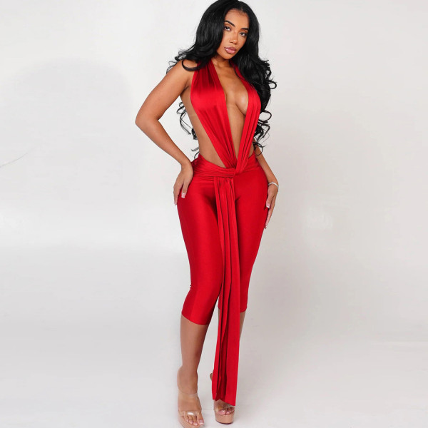 Sleeveless hanging neck backless tight jumpsuit