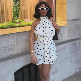 Waist waist pleated polka dot A-line skirt printed hanging neck short dress