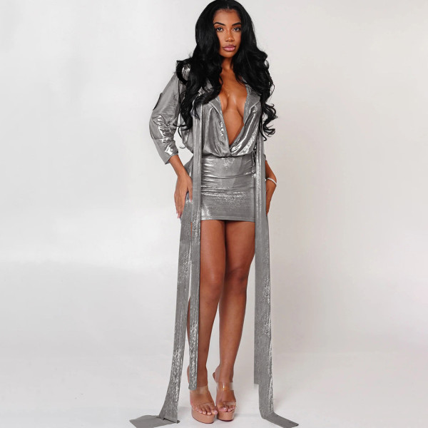 Threaded splicing low cut top, hip hugging skirt set