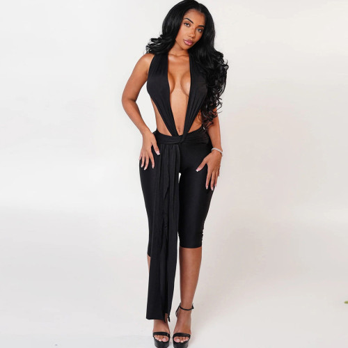 Sleeveless hanging neck backless tight jumpsuit