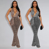 Leopard print neck bag arm jumpsuit