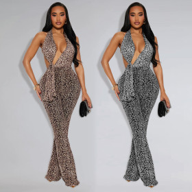 Leopard print neck bag arm jumpsuit