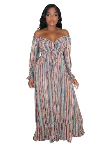 One shoulder pleated striped pleated dress