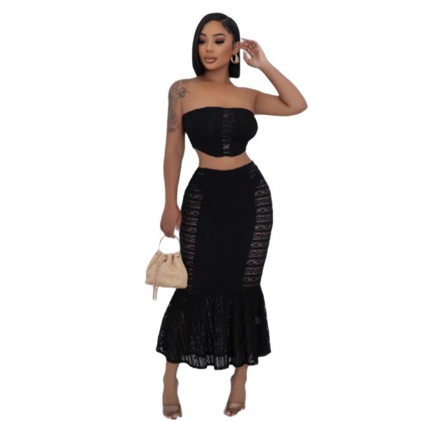 Skirt set with strapless, high waist, exposed navel, wrapped buttocks, fish tail