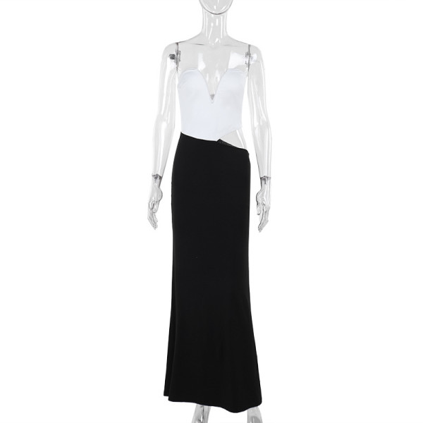 Color blocking patchwork waist tied dress long skirt