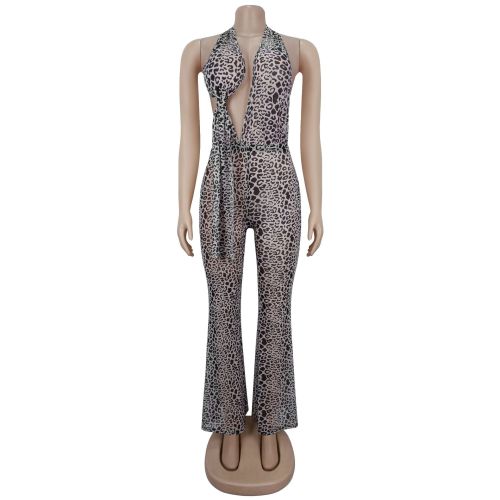 Leopard print neck bag arm jumpsuit