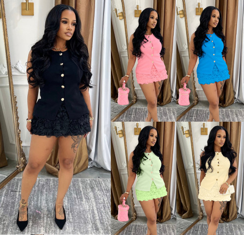 Sleeveless top three-dimensional flower wrapped hip skirt set