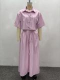 Two-piece set: striped short-sleeved cardigan shirt with a high-waisted waist-tied skirt