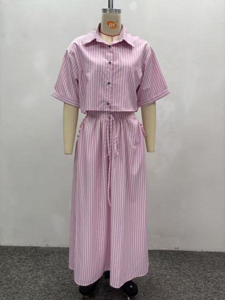 Two-piece set: striped short-sleeved cardigan shirt with a high-waisted waist-tied skirt