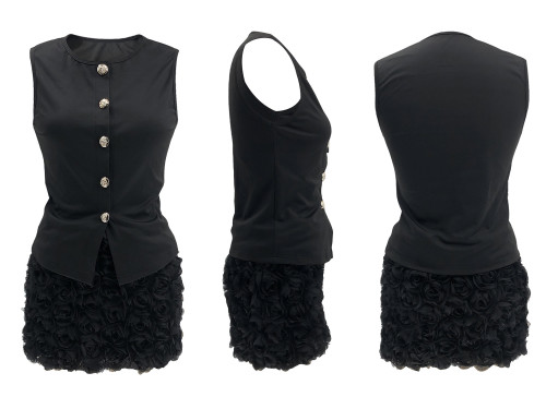 Sleeveless top three-dimensional flower wrapped hip skirt set