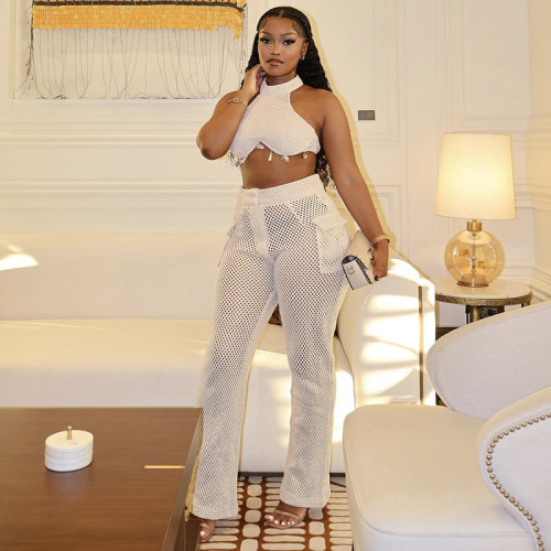 Hanging neck strapless top with hollowed out pockets and pants set