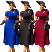 Slant neck hollow out solid color waist cinching dress