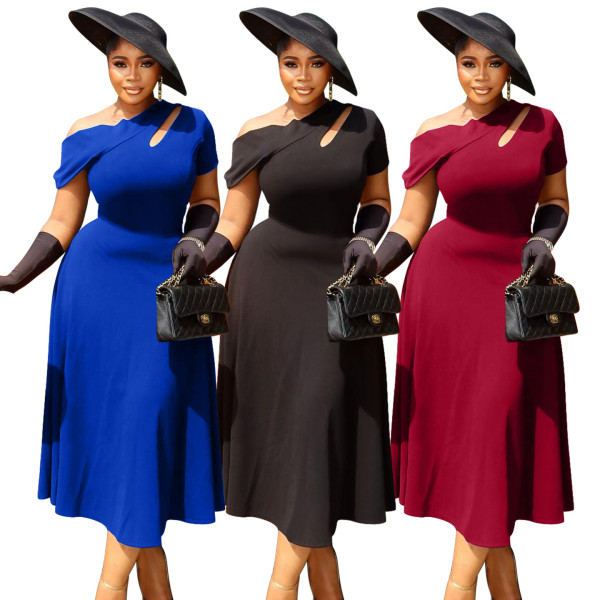 Slant neck hollow out solid color waist cinching dress