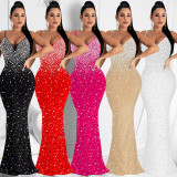 Hot rhinestone camisole sleeveless long skirt dress