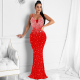 Hot rhinestone camisole sleeveless long skirt dress