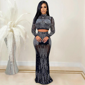 Mesh see through long sleeved long skirt two-piece set