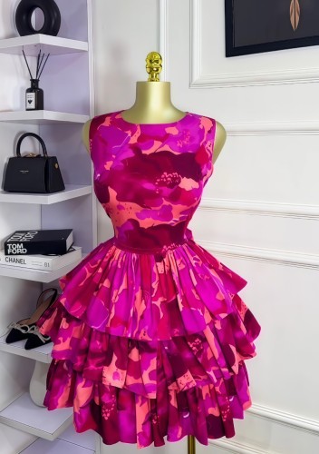 Sleeveless round neck tight waist folded short three-layer cake skirt