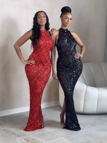 Diamond studded slim fit evening gown long dress