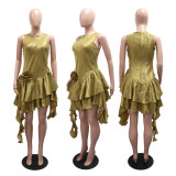 Round neck flash silk wrinkled fabric irregular short skirt dress