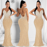 Hot rhinestone camisole sleeveless long skirt dress