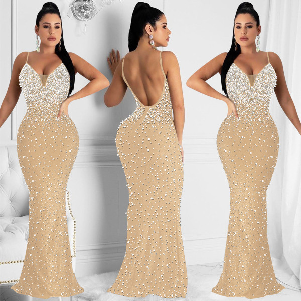 Hot rhinestone camisole sleeveless long skirt dress