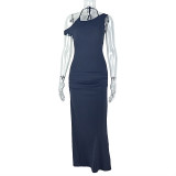 Backless hanging neck solid color slit long dress