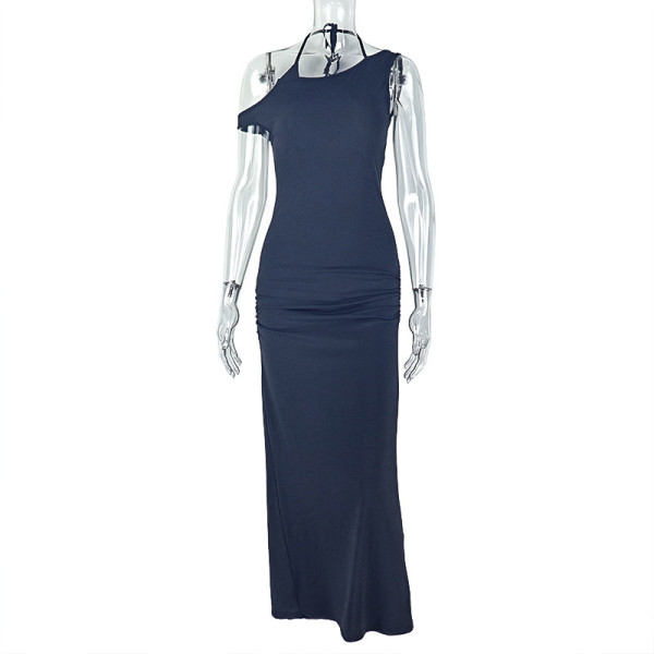 Backless hanging neck solid color slit long dress
