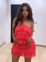 Hanging neck, low cut, backless solid color dress, short skirt, cake skirt