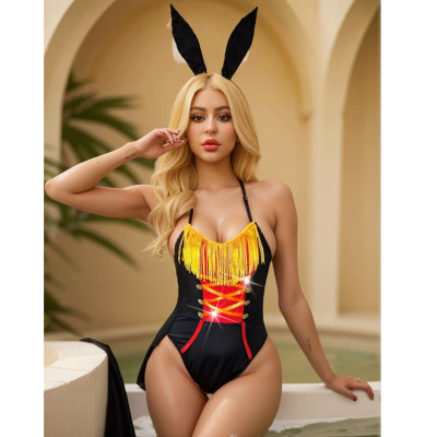 Tight jumpsuit with rabbit ears and tassel cosplay outfit