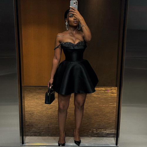 Sequin patchwork strapless suspender dress, short skirt