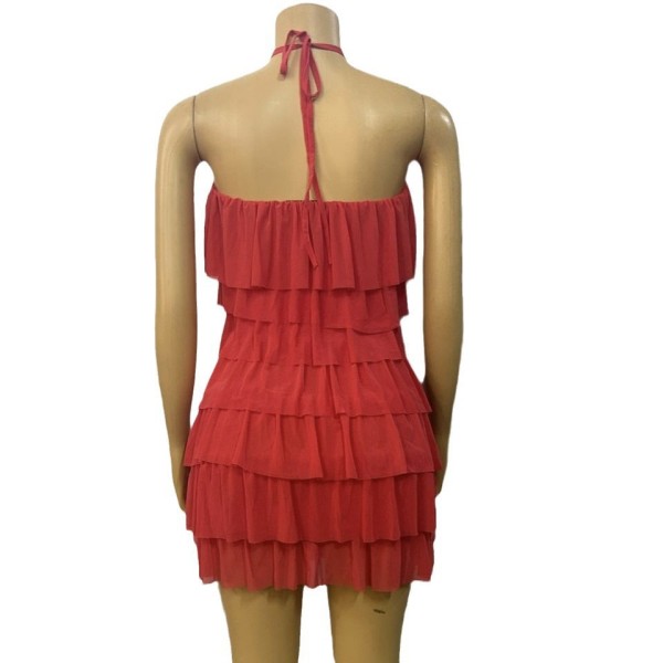 Hanging neck, low cut, backless solid color dress, short skirt, cake skirt