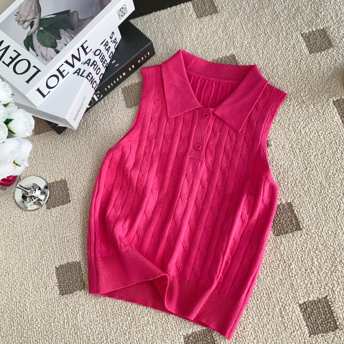 Polo collar sleeveless knit top solid color vest
