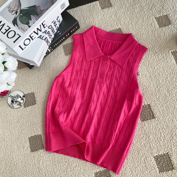 Polo collar sleeveless knit top solid color vest