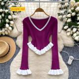 Striped knit ruffle hem flared sleeves for outerwear base top