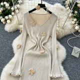 Three dimensional flower V-neck long sleeved dress